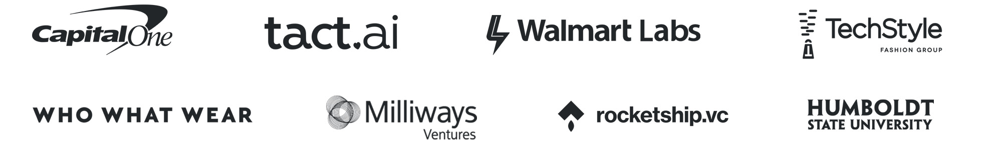 Capital One, Tact.ai, Walmart Labs, TechsStyle Fashion Group, Who What Wear, Milliways Ventures, Rocketship VC, Humboldt State University